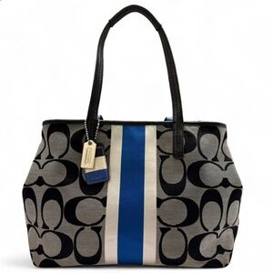 COACH Signature Stripe Tote Black/Grey/Blue Jacquard Leather Trim | Style 19999